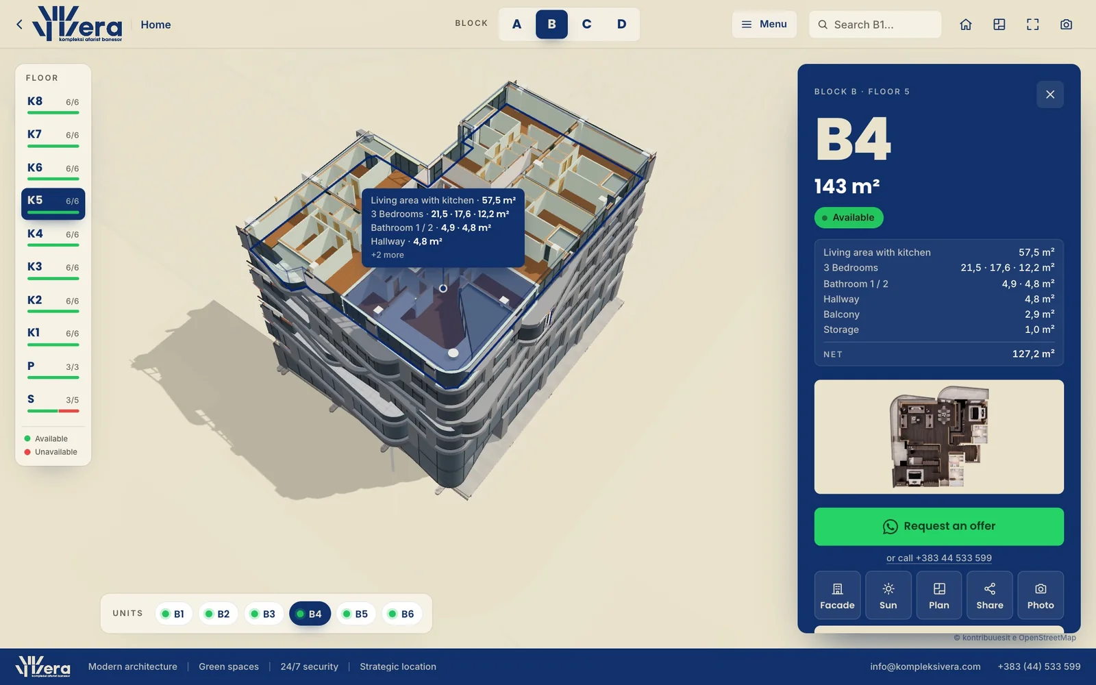 The live 3D on kompleksivera.com with block B, floor 5 open and apartment B4 selected: its render, its rooms and an enquiry button.