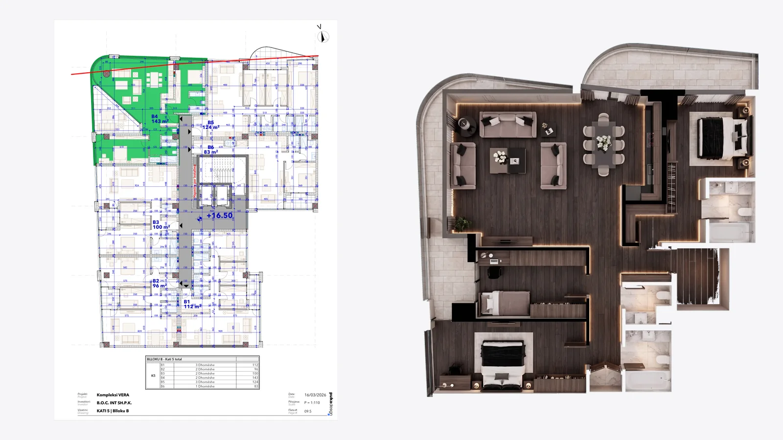 An architect's plan sheet for apartment B4 on floor 5, beside the photoreal top-down render of the same apartment.