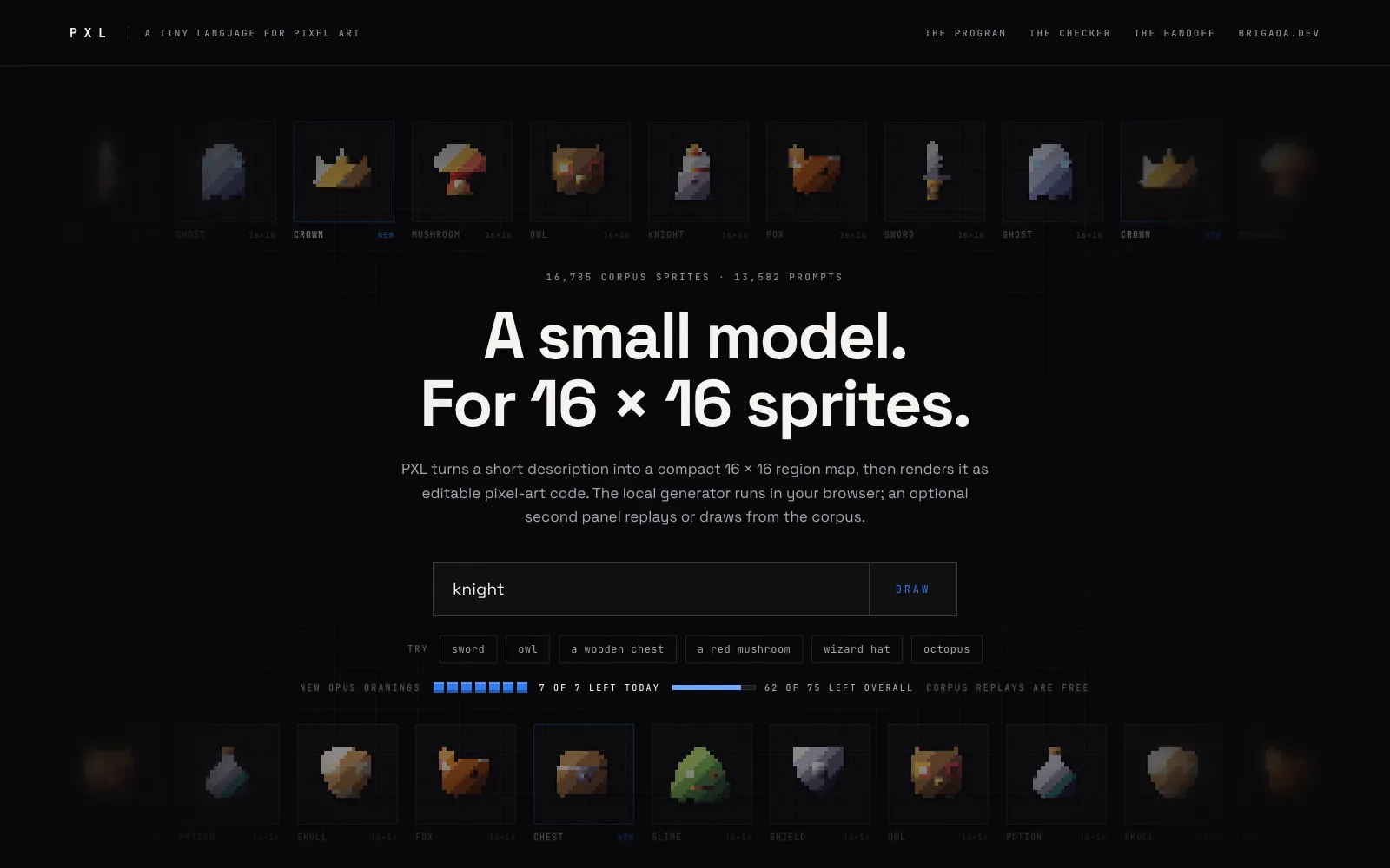 The pxl site: rows of 16×16 pixel-art sprites (a crown, a mushroom, an owl, a knight) around the headline "A small model. For 16 × 16 sprites." and a prompt box reading "knight".
