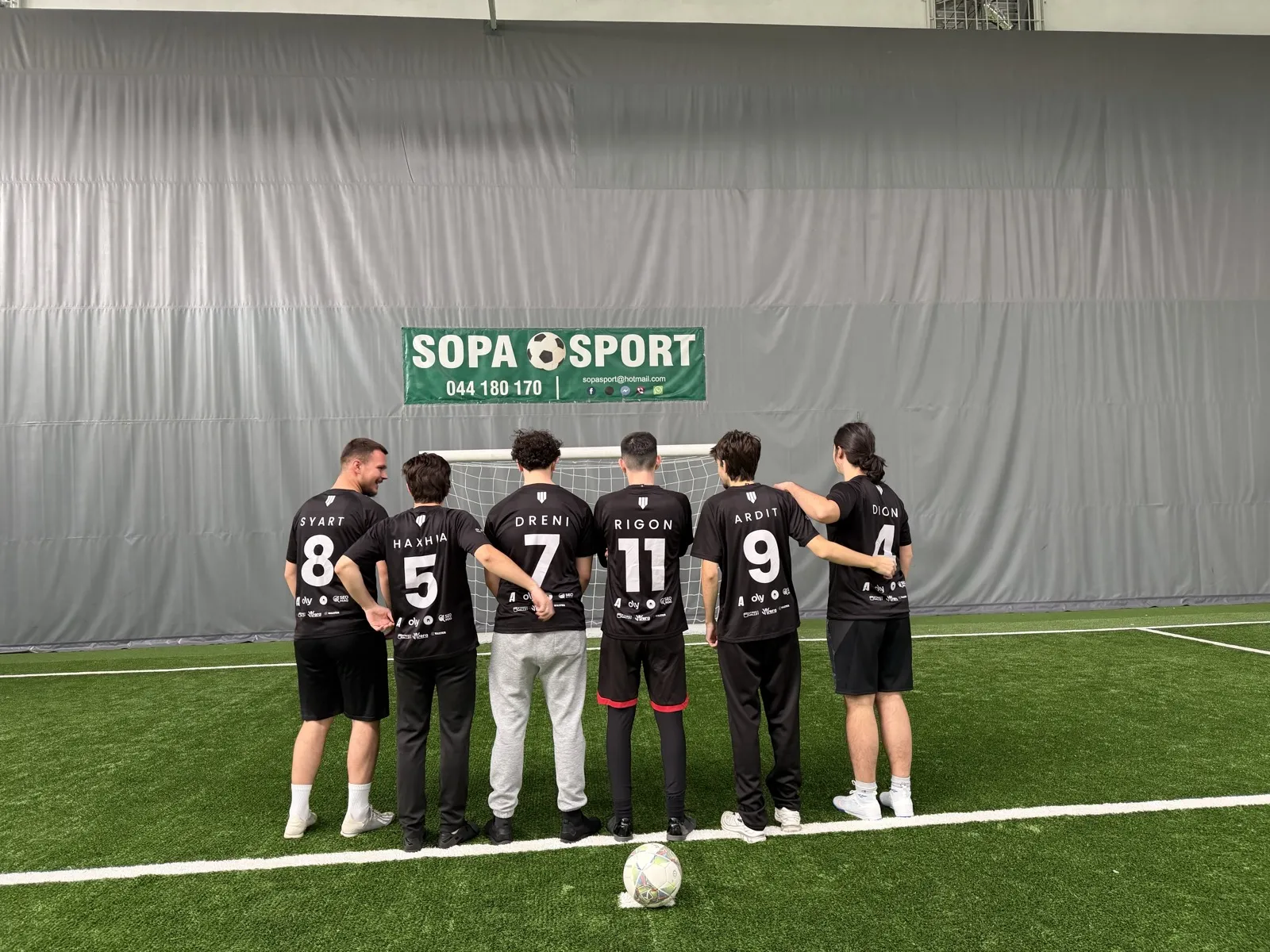 The Brigada team from behind, facing the goal: Syart 8, Haxhia 5, Dreni 7, Rigon 11, Ardit 9 and Dion 4.